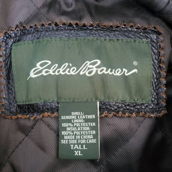 VTG Eddie Bauer Mens Leather Coat Jacket Brown Sz XLT Quilted Long Button Front - Picture 6 of 8